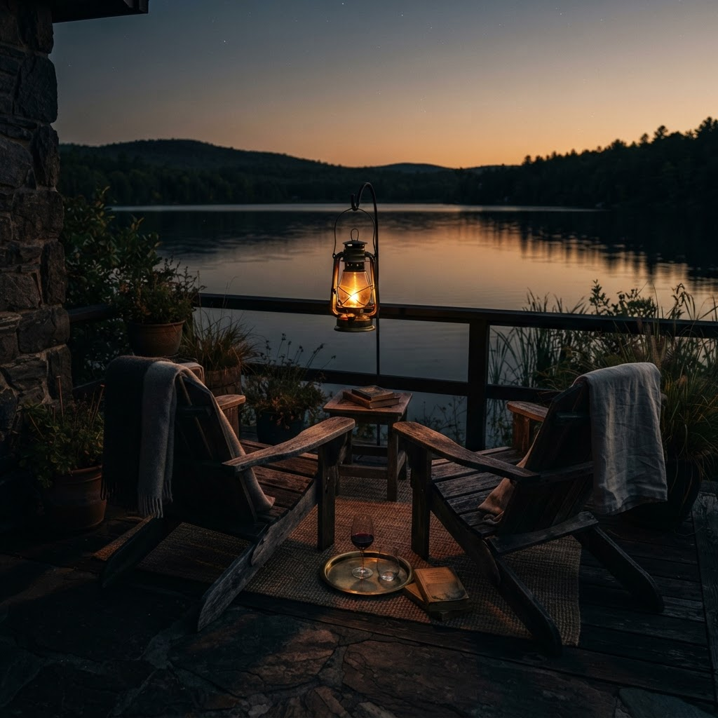 Two chairs on a private terrace overlooking calm water at dusk